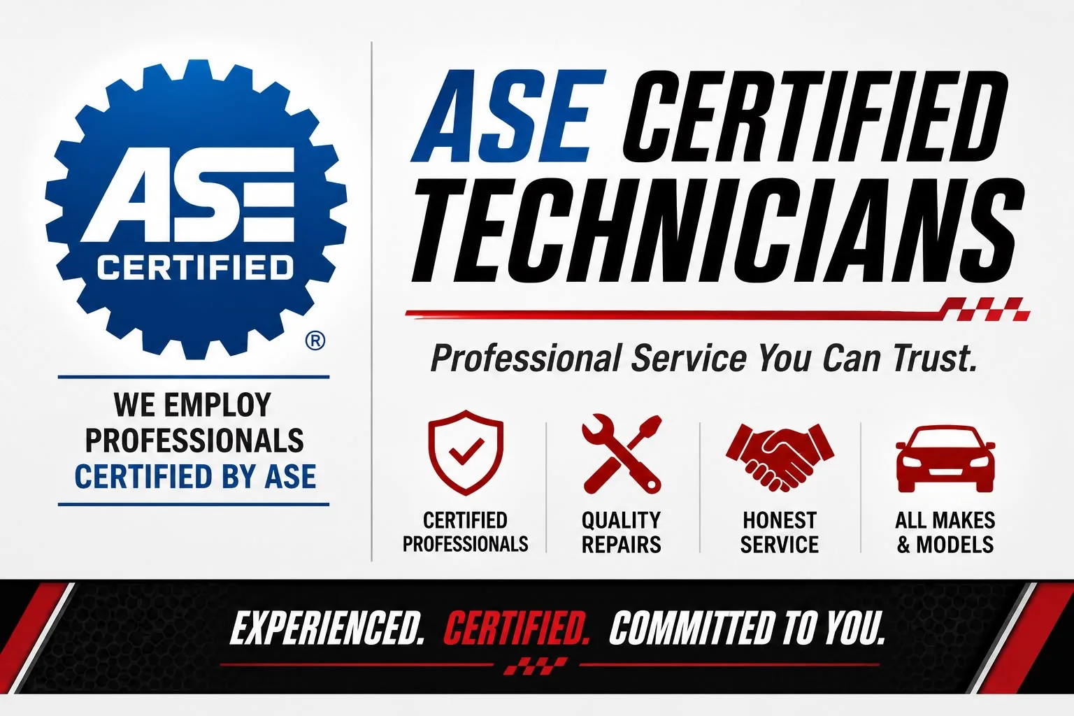 Finish Line employs ASE Certified technicians — professional service you can trust, with certified professionals, quality repairs, honest service, and all makes and models serviced